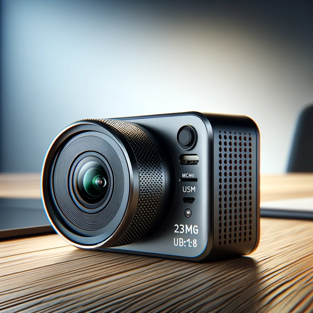 DALL·E 2023 11 29 09.53.25 A realistic image of a compact modern 4K streaming camera with advanced AI powered features. The camera should have a sleek design displaying a 23mm.png